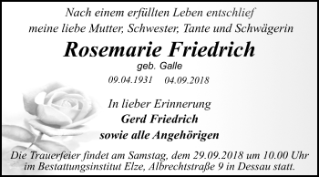 Traueranzeige von Rosemarie Friedrich von Mitteldeutsche Zeitung Dessau-Roßlau