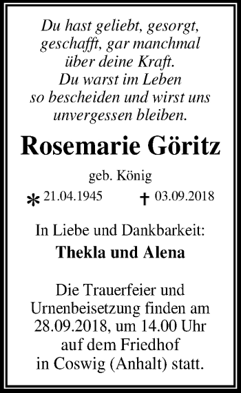 Traueranzeige von Rosemarie Göritz von Mitteldeutsche Zeitung Dessau-Roßlau