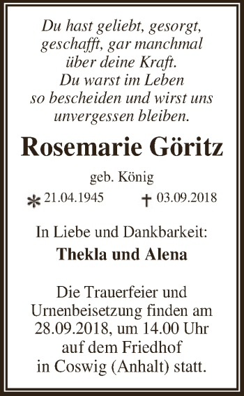 Traueranzeige von Rosemarie Göritz von WVG - Wochenspiegel Dessau / Köthen