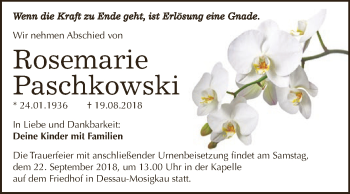 Traueranzeige von Rosemarie Paschkowski von WVG - Wochenspiegel Dessau / Köthen