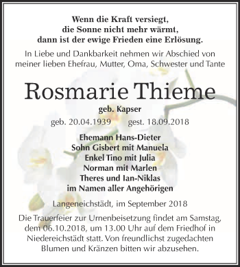 Traueranzeige von Rosmarie Thieme von WVG - Wochenspiegel Merseburg