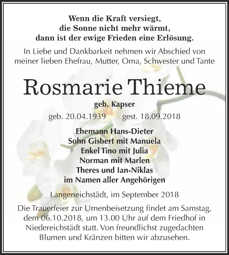  Traueranzeige für Rosmarie Thieme vom 22.09.2018 aus WVG - Wochenspiegel Merseburg