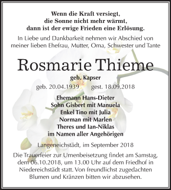 Traueranzeige von Rosmarie Thieme von Mitteldeutsche Zeitung Merseburg/Querfurt