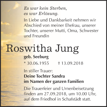 Traueranzeige von Roswitha Jung von WVG - Wochenspiegel Merseburg