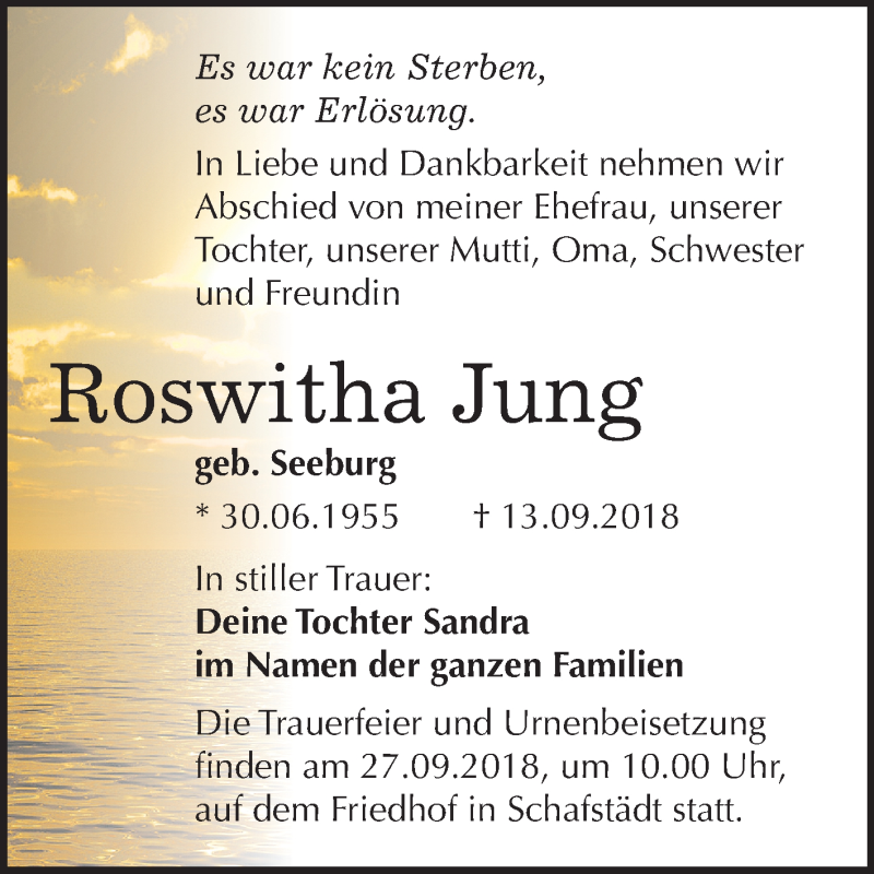  Traueranzeige für Roswitha Jung vom 19.09.2018 aus Mitteldeutsche Zeitung Merseburg/Querfurt