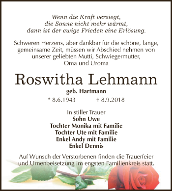 Traueranzeige von Roswitha Lehmann von WVG - Wochenspiegel Dessau / Köthen