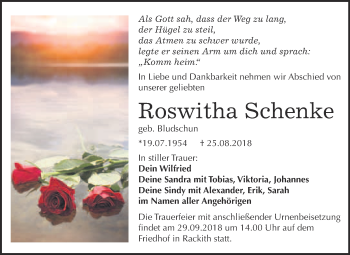 Traueranzeige von Roswitha Schenke von Super Sonntag Wittenberg