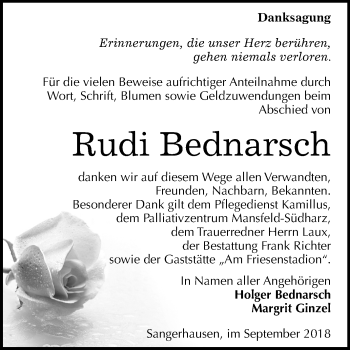 Traueranzeige von Rudi Bednarsch von Mitteldeutsche Zeitung