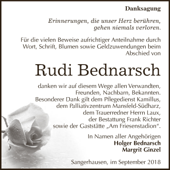 Traueranzeige von Rudi Bednarsch von Super Sonntag SGH Mansf. Land