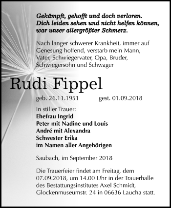 Traueranzeige von Rudi Fippel von Mitteldeutsche Zeitung