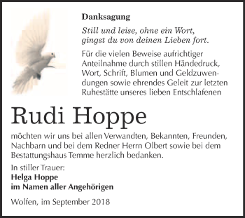 Traueranzeige von Rudi Hoppe von WVG - Wochenspiegel Bitterfeld