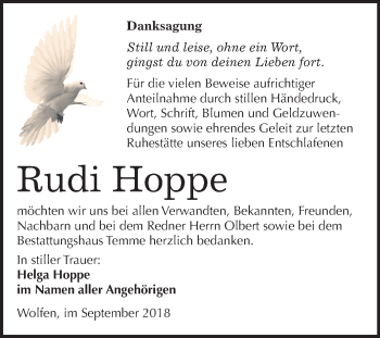 Traueranzeige von Rudi Hoppe von Mitteldeutsche Zeitung Bitterfeld