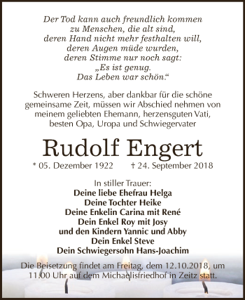 Traueranzeige von Rudolf Engert von Super Sonntag Zeitz