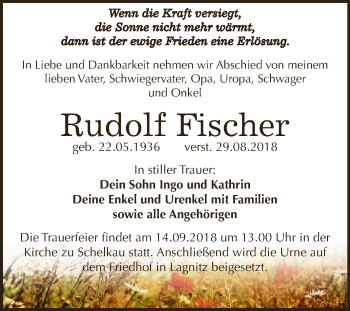 Traueranzeige von Rudolf Fischer von WVG - Wochenspiegel NMB / WSF / ZTZ