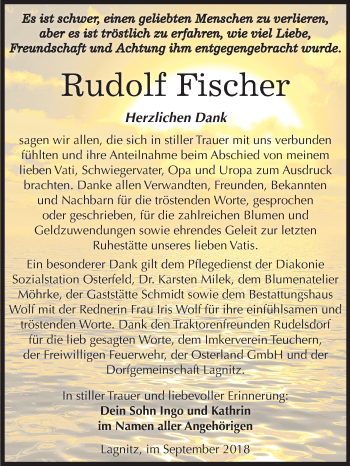 Traueranzeige von Rudolf Fischer von Mitteldeutsche Zeitung Weißenfels