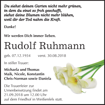 Traueranzeige von Rudolf Ruhmann von Mitteldeutsche Zeitung Weißenfels