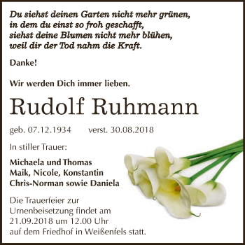 Traueranzeige von Rudolf Ruhmann von WVG - Wochenspiegel NMB / WSF / ZTZ