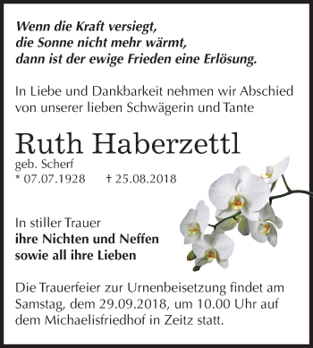 Traueranzeige von Ruth Haberzettl von Mitteldeutsche Zeitung Zeitz