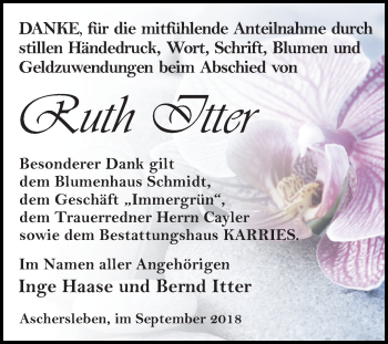 Traueranzeige von Ruth Itter von Mitteldeutsche Zeitung Aschersleben