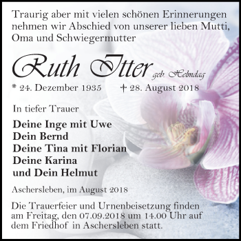 Traueranzeige von Ruth Itter von Mitteldeutsche Zeitung Aschersleben