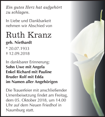 Traueranzeige von Ruth Kranz von Mitteldeutsche Zeitung