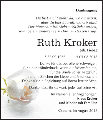 Traueranzeige von Ruth Kroker von Mitteldeutsche Zeitung