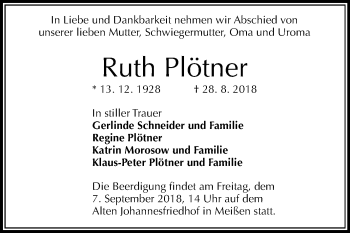 Traueranzeige von Ruth Plötner von Mitteldeutsche Zeitung Merseburg/Querfurt