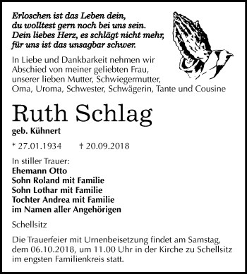 Traueranzeige von Ruth Schlag von Mitteldeutsche Zeitung