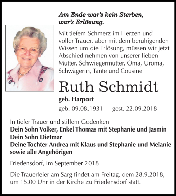 Traueranzeige von Ruth Schmidt von Mitteldeutsche Zeitung Merseburg/Querfurt