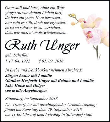 Traueranzeige von Ruth Unger von Mitteldeutsche Zeitung