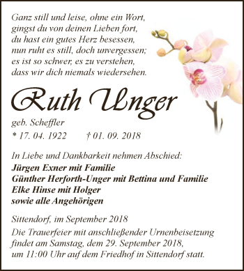 Traueranzeige von Ruth Unger von WVG - Wochenspiegel SGH