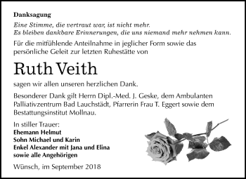 Traueranzeige von Ruth Veith von Mitteldeutsche Zeitung Merseburg/Querfurt