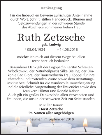 Traueranzeige von Ruth Zetzsche von Mitteldeutsche Zeitung
