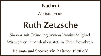 Traueranzeige von Ruth Zetzsche von WVG - Wochenspiegel NMB / WSF / ZTZ