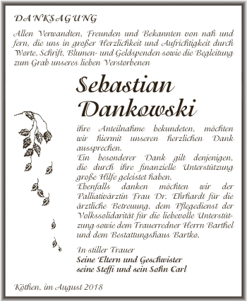 Traueranzeige von Sebastian Dankowski von WVG - Wochenspiegel Dessau / Köthen