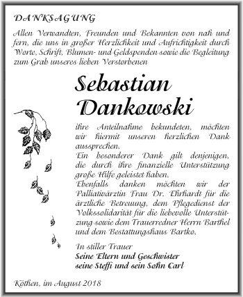 Traueranzeige von Sebastian Dankowski von Mitteldeutsche Zeitung Köthen