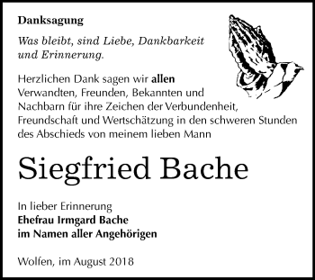 Traueranzeige von Siegfried Bache von Mitteldeutsche Zeitung Bitterfeld