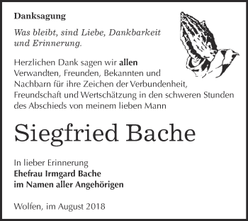 Traueranzeige von Siegfried Bache von WVG - Wochenspiegel Bitterfeld