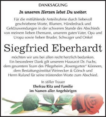 Traueranzeige von Siegfried Eberhardt von Mitteldeutsche Zeitung Bernburg