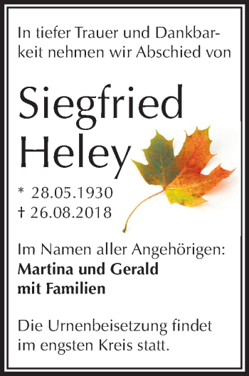Traueranzeige von Siegfried Heley von Mitteldeutsche Zeitung Halle/Saalkreis