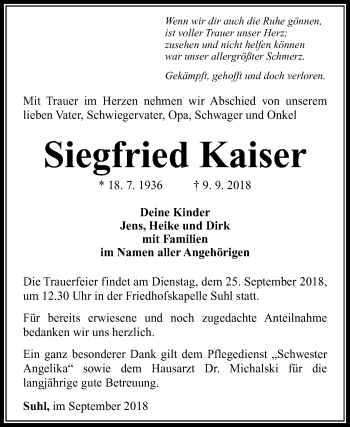 Traueranzeige von Siegfried Kaiser von Mitteldeutsche Zeitung Weißenfels