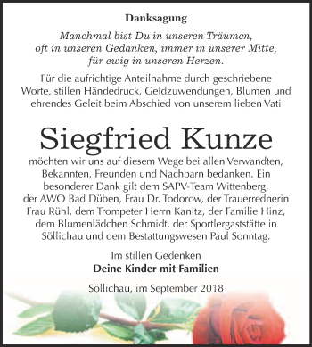 Traueranzeige von Siegfried Kunze von Super Sonntag Wittenberg