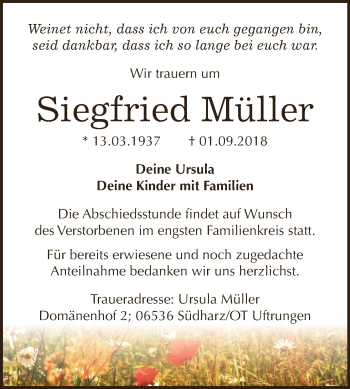Traueranzeige von Siegfried Müller von Super Sonntag SGH Mansf. Land
