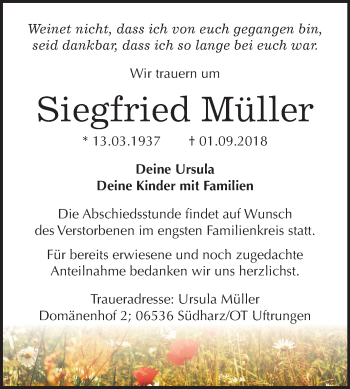Traueranzeige von Siegfried Müller von Mitteldeutsche Zeitung