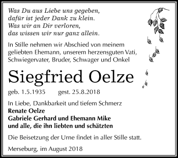 Traueranzeige von Siegfried Oelze von Mitteldeutsche Zeitung Merseburg/Querfurt