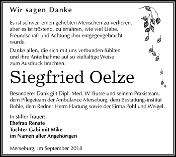 Traueranzeige von Siegfried Oelze von WVG - Wochenspiegel Merseburg