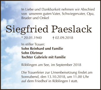 Traueranzeige von Siegfried Paeslack von Super Sonntag SGH Mansf. Land