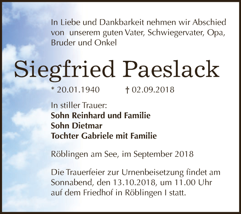  Traueranzeige für Siegfried Paeslack vom 29.09.2018 aus Super Sonntag SGH Mansf. Land