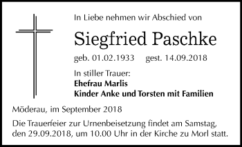 Traueranzeige von Siegfried Paschke von Mitteldeutsche Zeitung Halle/Saalkreis