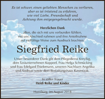 Traueranzeige von Siegfried Reike von Wochenspiegel Mansfelder Land